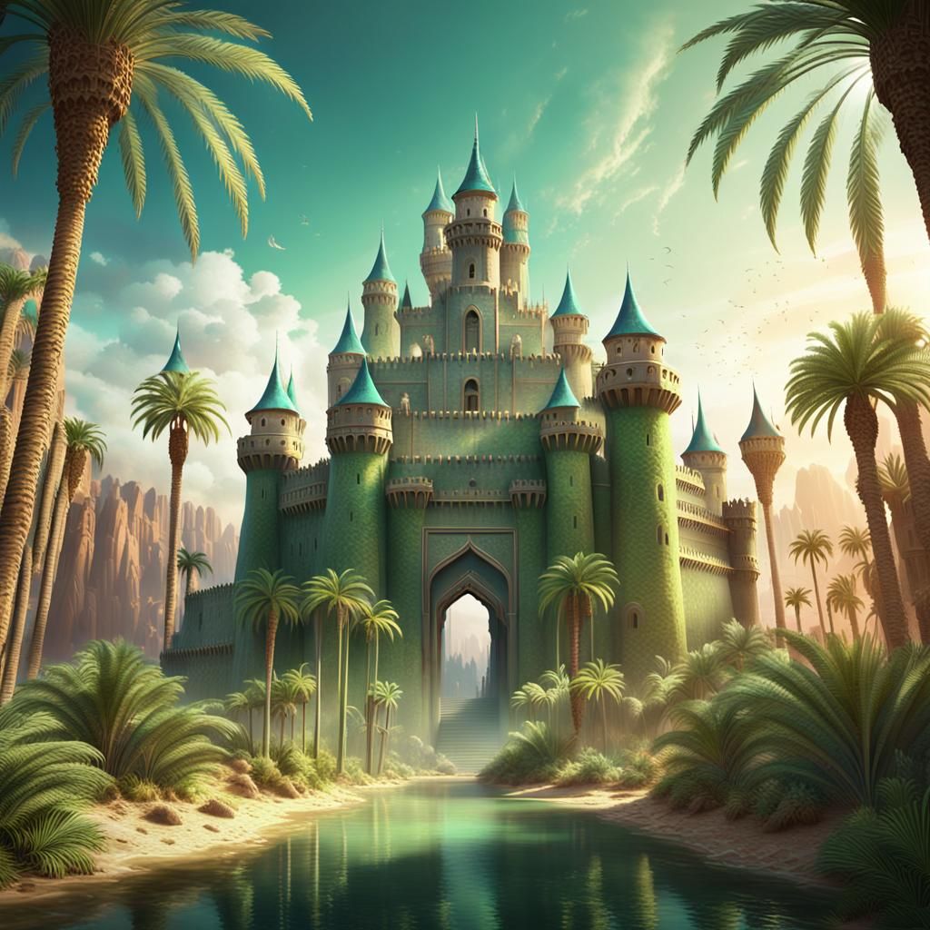 Ancient Fantasy Castle in Desert Oasis, Matte Painting