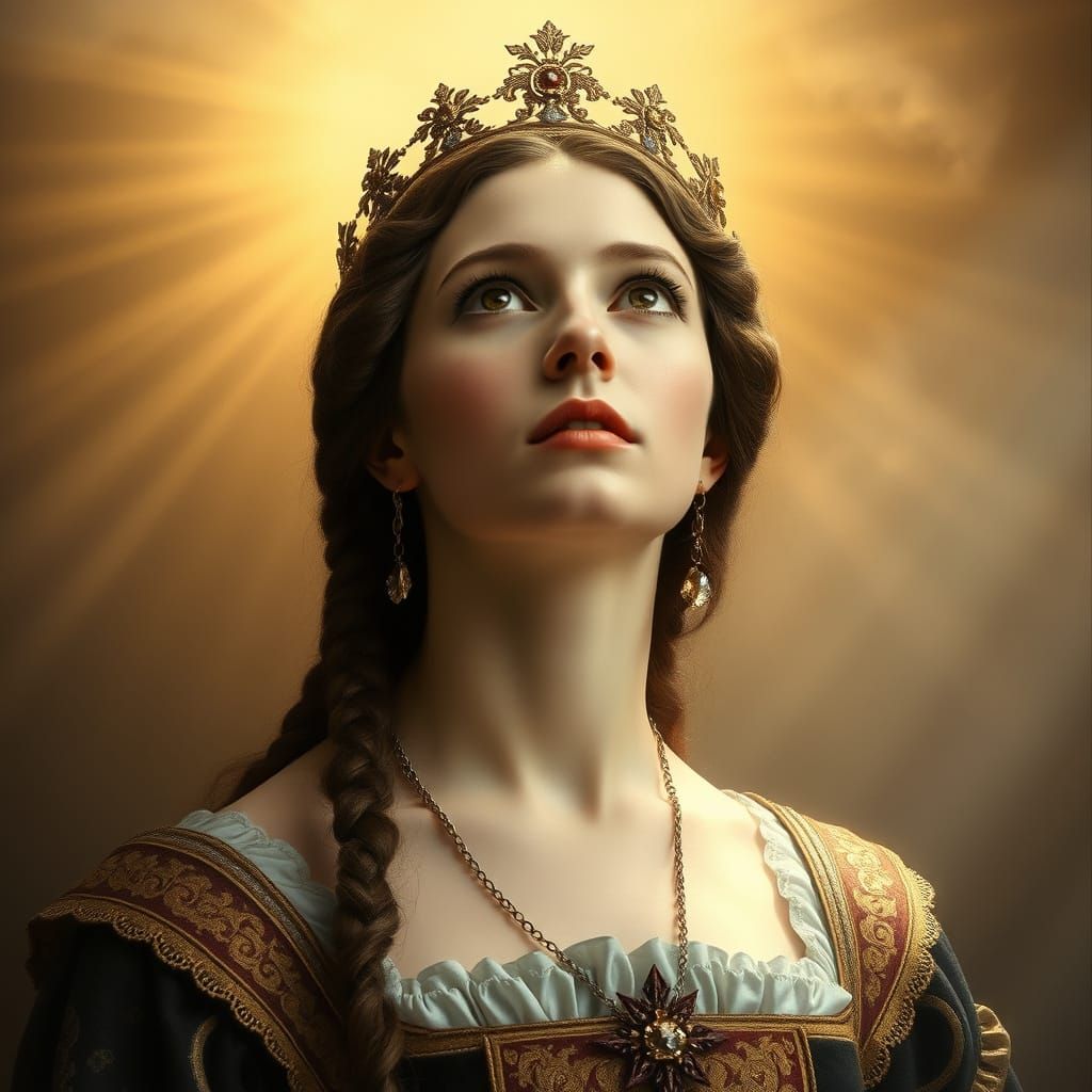 Regal Anne Boleyn, Heavenly Gaze in Warm Ethereal Light