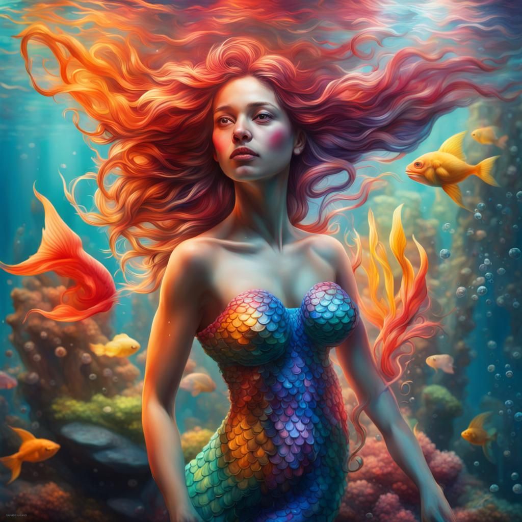 Colorful Mermaid in Aquarium: Hyperrealistic Splash Art
