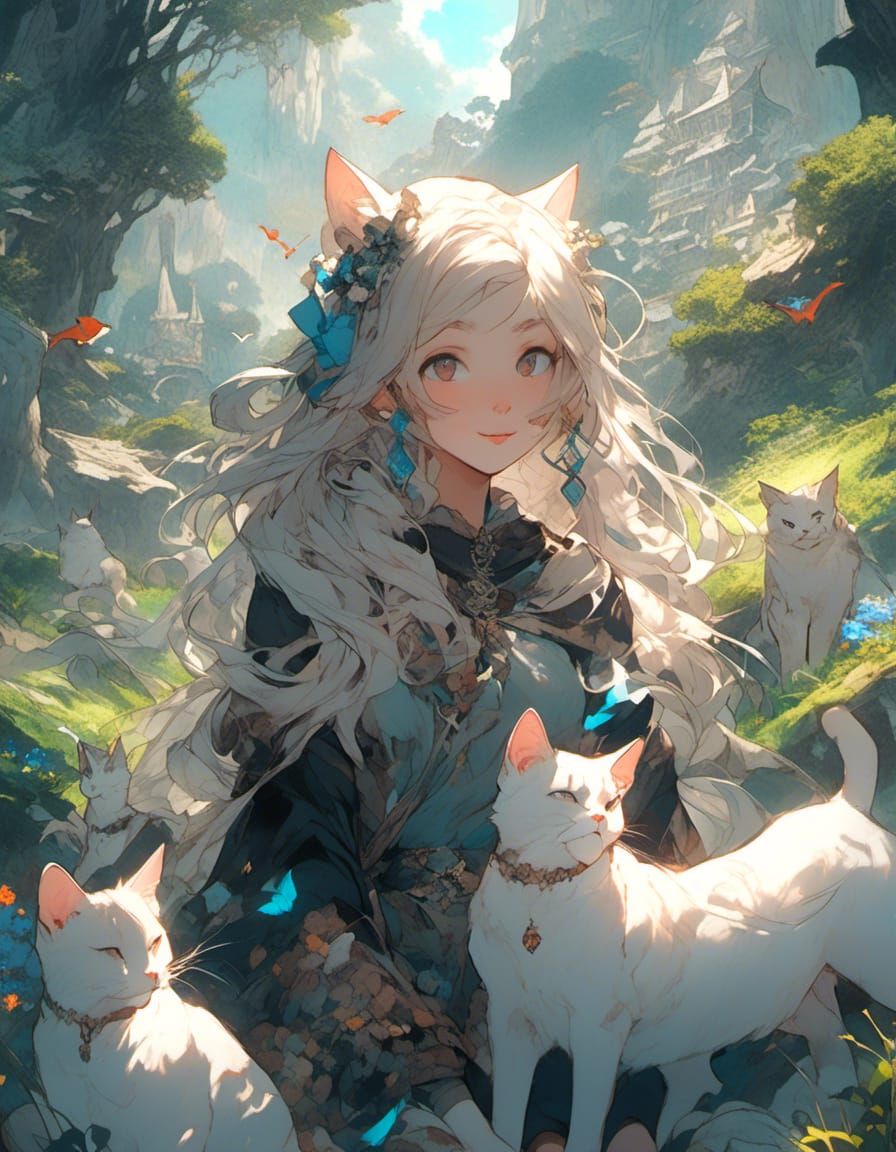 Girl and Cat in Fantasy Style, 8k Resolution