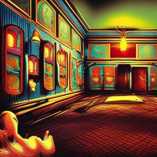 Creepy Motel Lobby with Rubber Clown in Gothic Horror