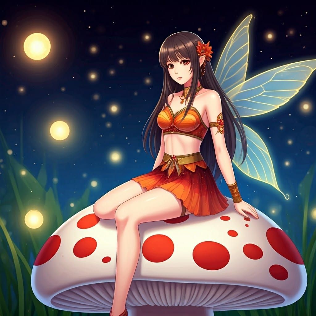 Japanese Fairy Sits on Polka Dotted Mushroom in Whimsical La...