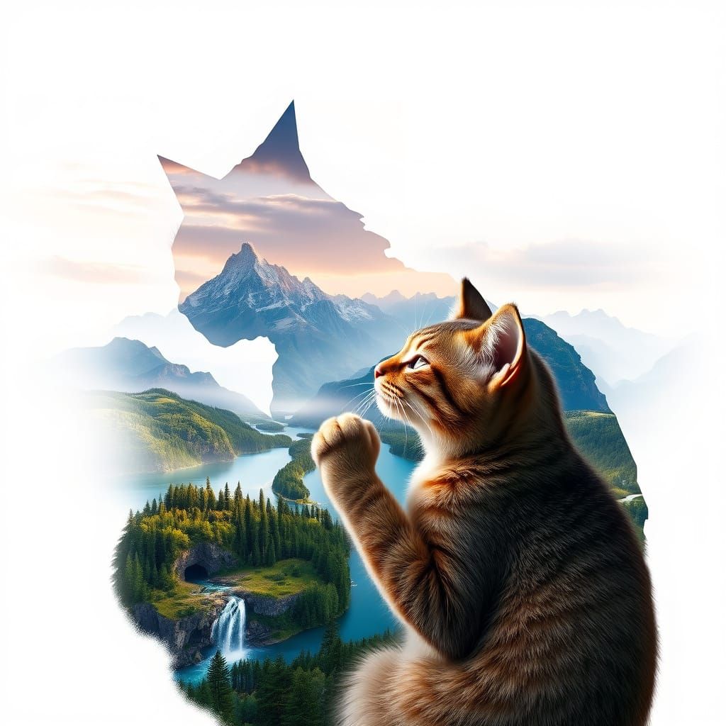 Surreal Cat Double Exposure Landscape in 8k