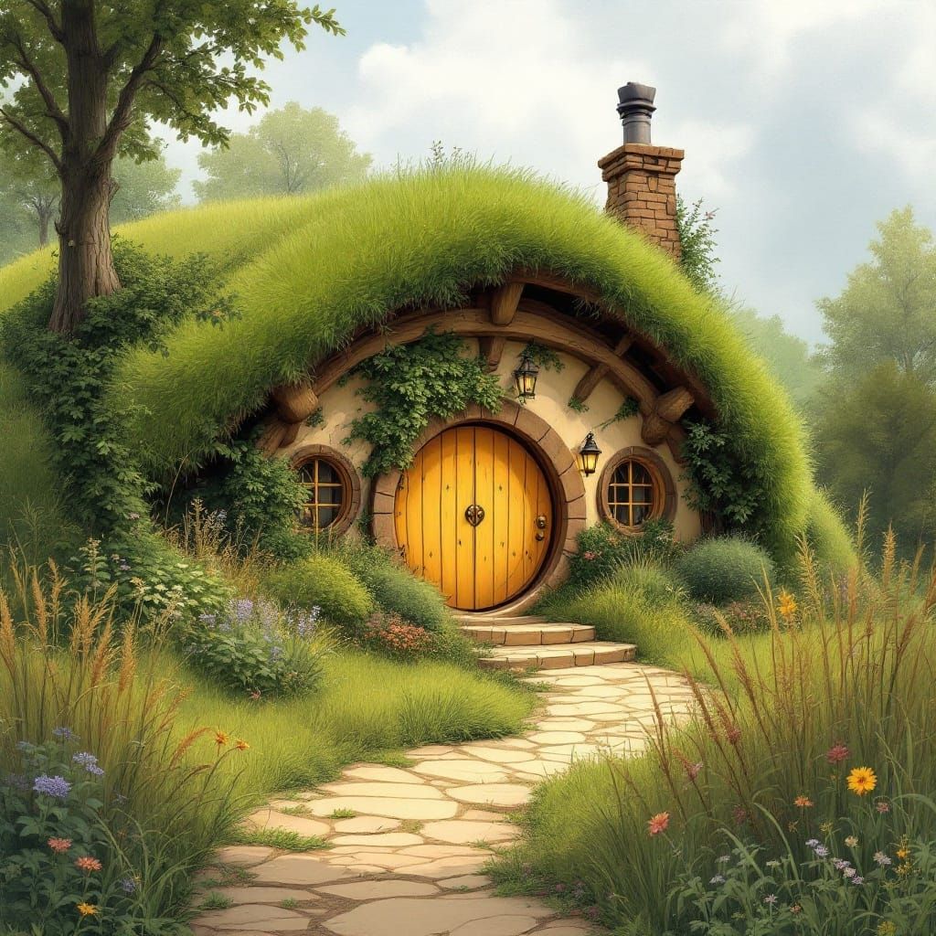 Whimsical Hobbit House Amidst Vibrant Greenery