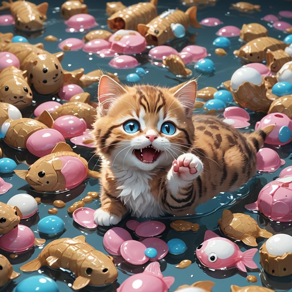 Vibrant Kitten Bites into Shimmering Fish Treat in Intricate...