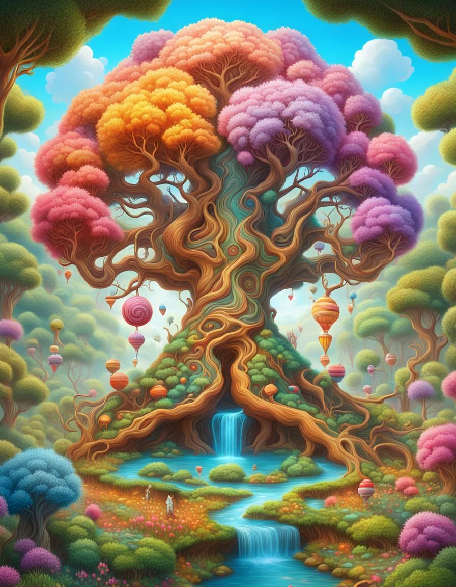 Yggdrasill in Eden: A Hyperdetailed Candy Art Painting