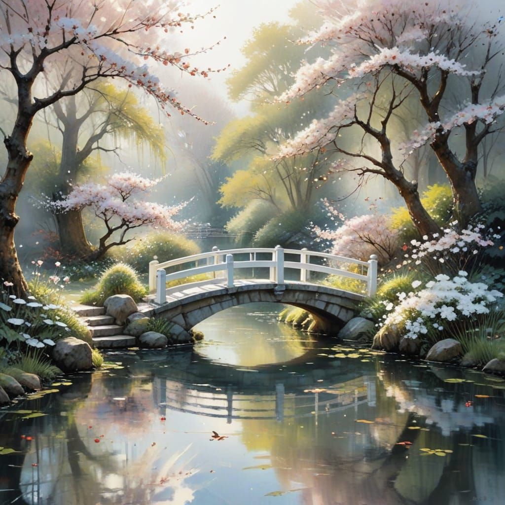 A serene Japanese garden in spring, a cherry tree and a brid...
