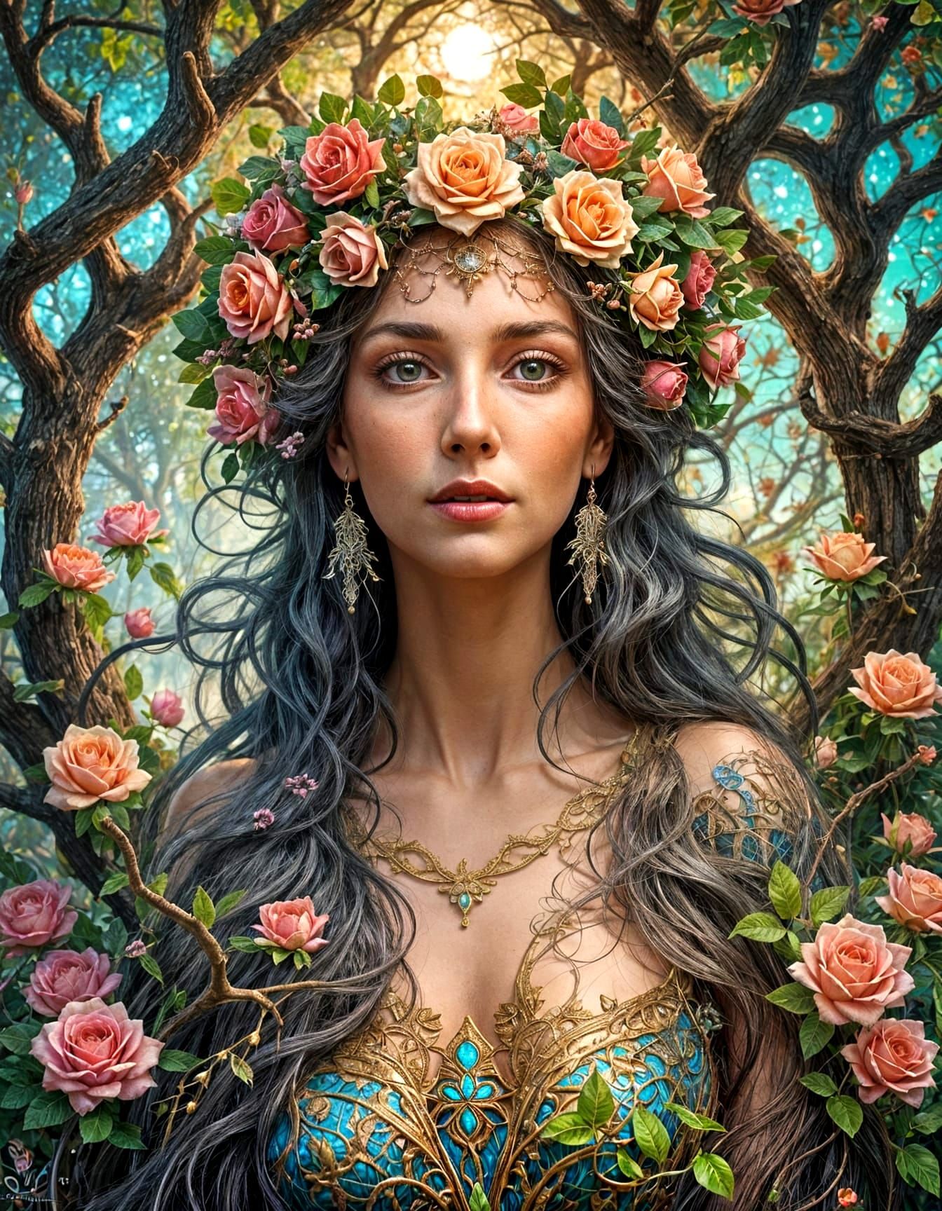 Goddess Portrait in Fantasy Landscape, Art Nouveau Style