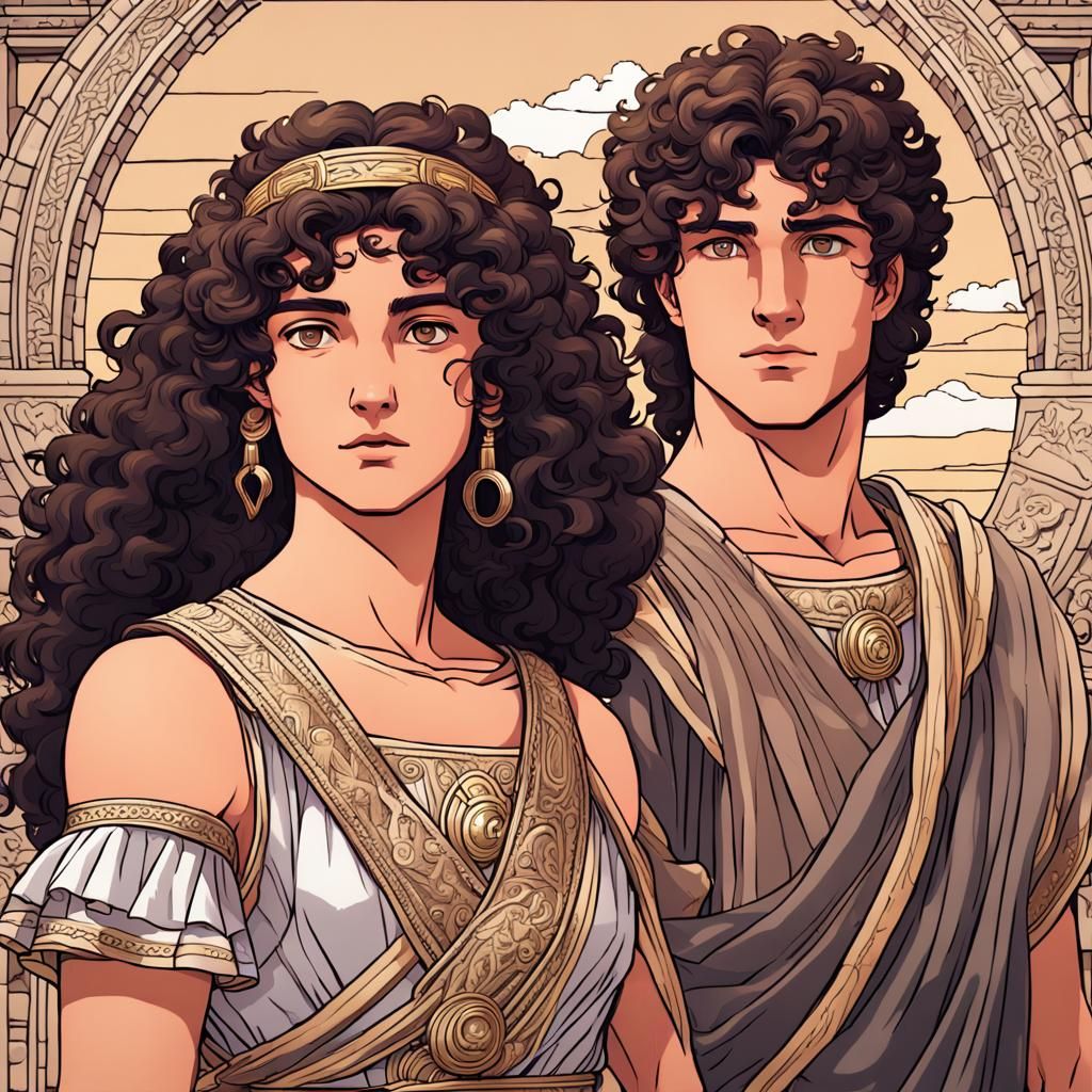 Roman Couple in Pompeii with Vaporwave Art Nouveau Flair