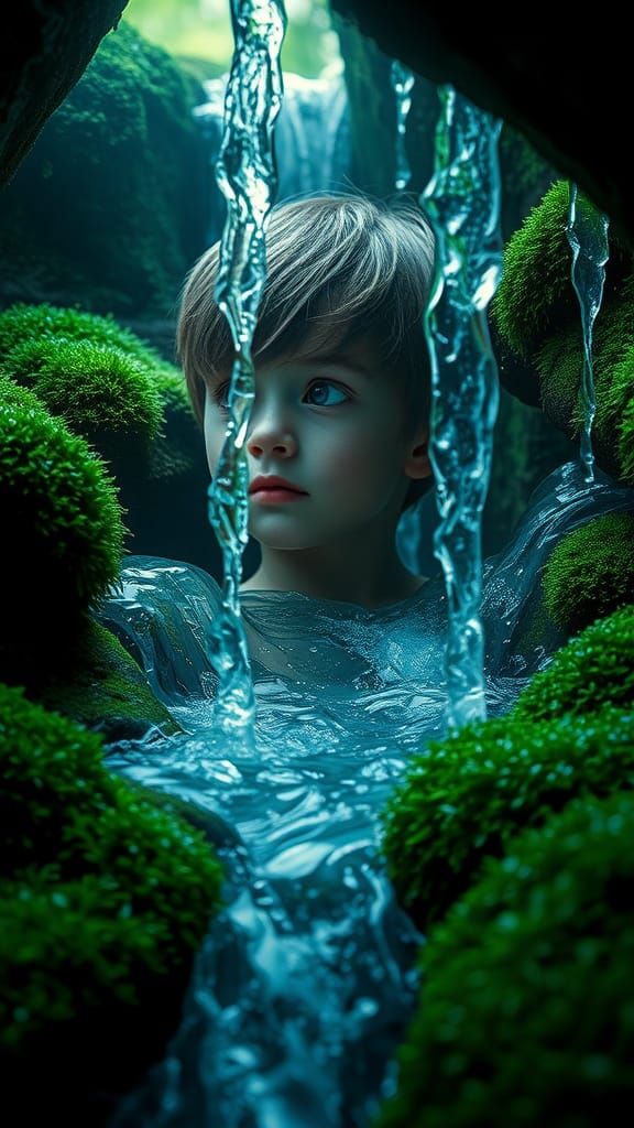 Crystalline Waterfall Tears in Emerald Landscape