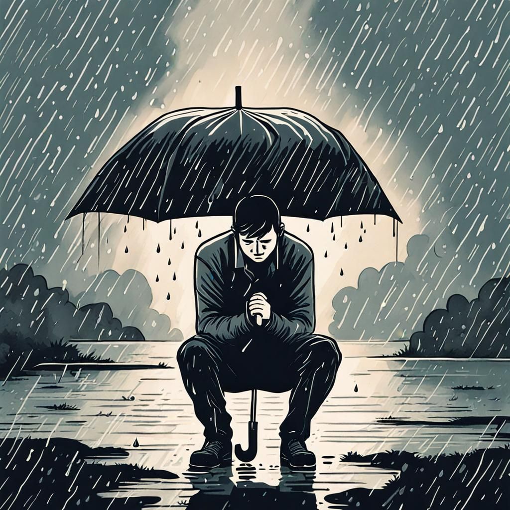 Sad Man in the Rain: Digital Illustration