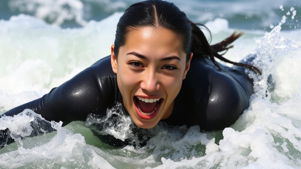 Woman Battles Turbulent Ocean Waves in Photo-Realistic Style
