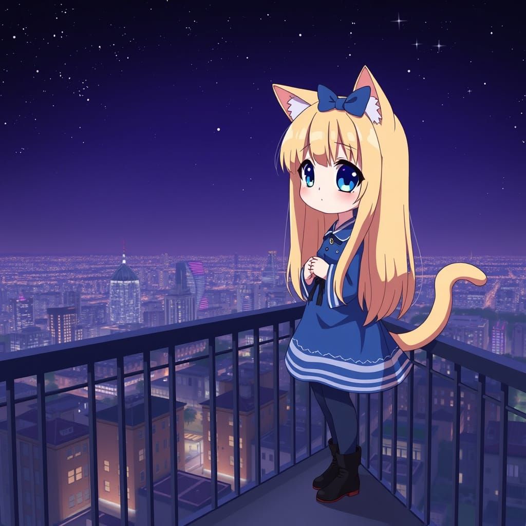 Majestic Anime Catgirl Admires Cityscape at Sunset