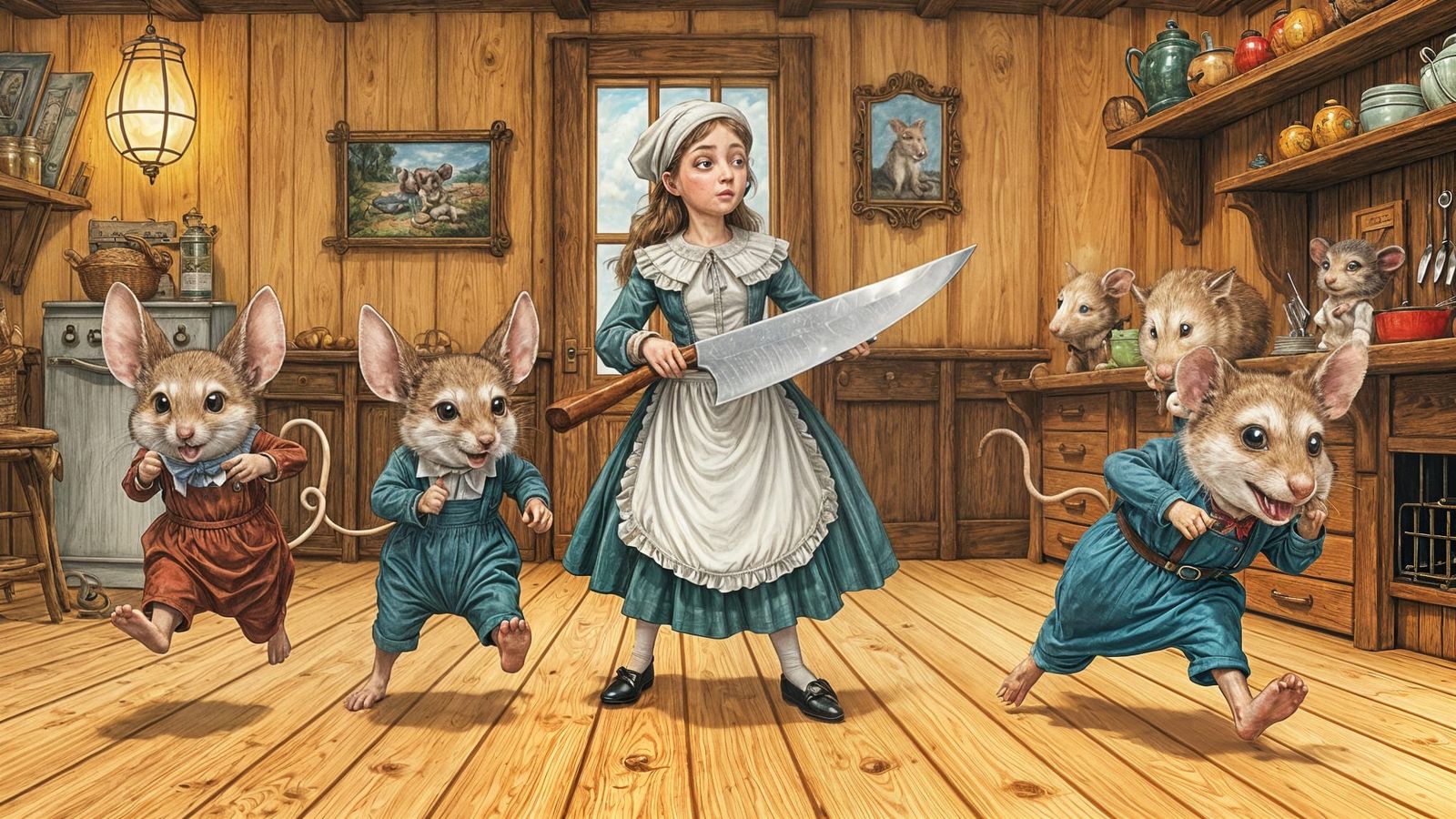 Three Blind Mice in a Whimsical Fable Art Style