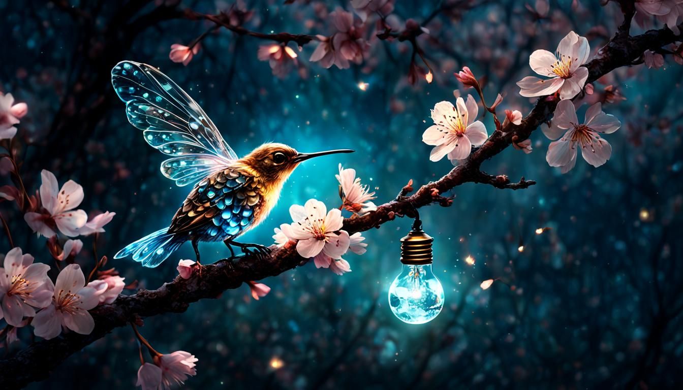 Crystal Firefly with Lightbulb Tail on Cherry Blossoms