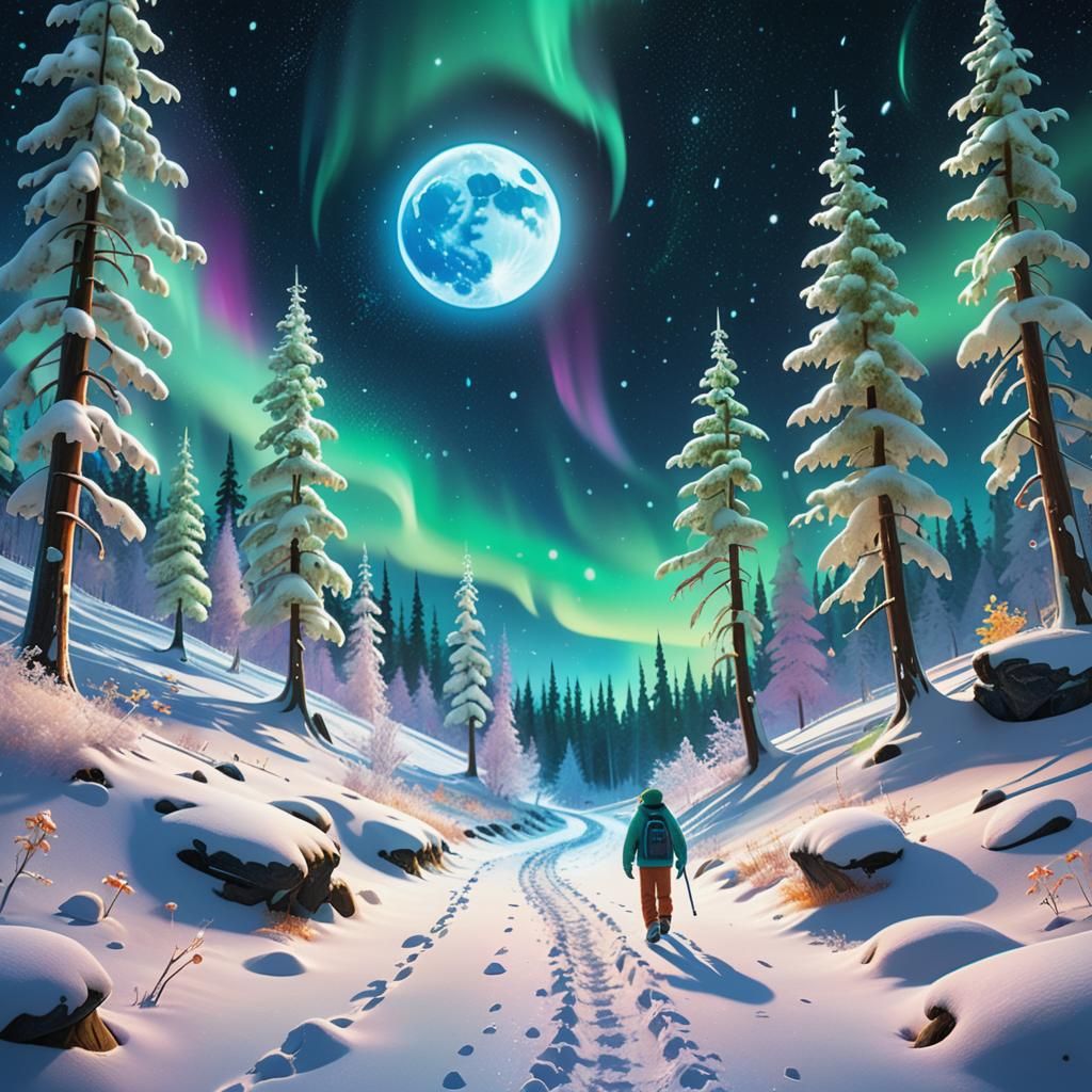 Winter Forest Path Under Aurora, Pixar-Style 3D Art
