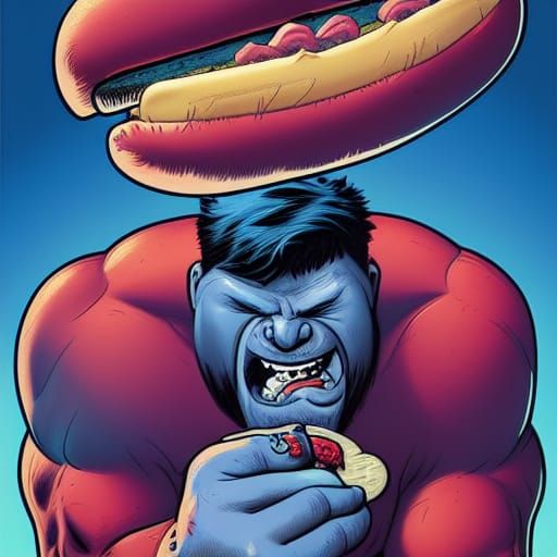 Blue Hulk Eats Hotdog in Comic Book Art