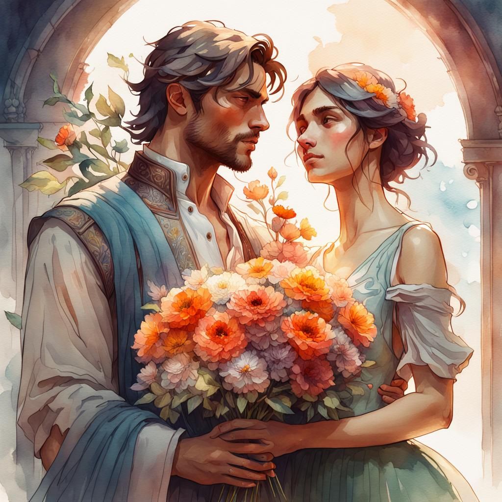 Watercolor Portrait: Man Presents Flowers to Woman