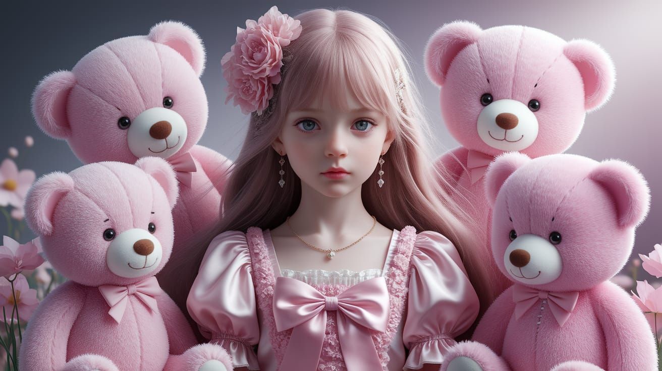 Dreamy Portrait of Girl with Pink Hair and Teddy Bears