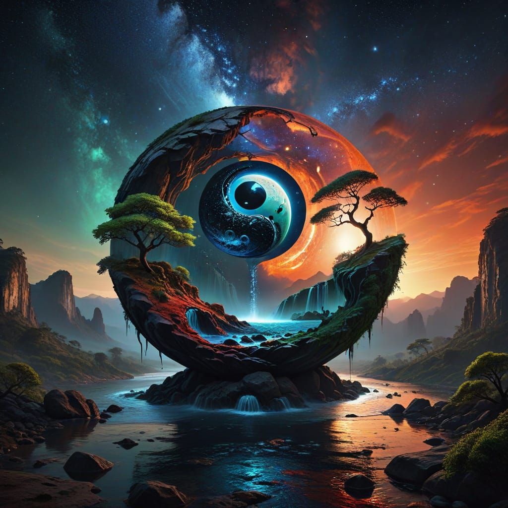 Yin Yang Landscape with Waterfalls and Contrasting Scenes