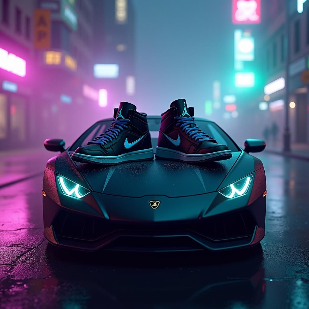 Jordans on Lamborghini in Cyberpunk Cityscape