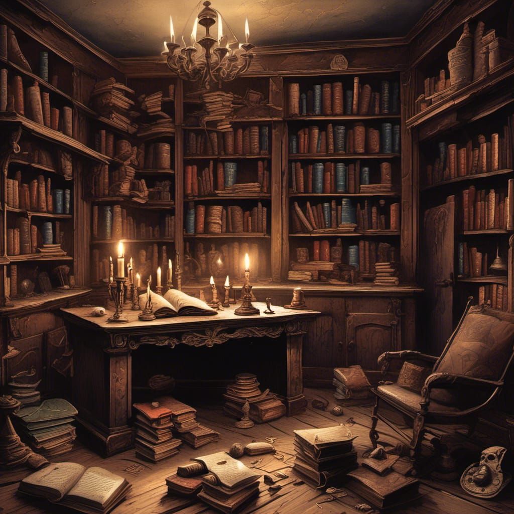 Eerie Occult Study in Dilapidated House, Cinematic Still