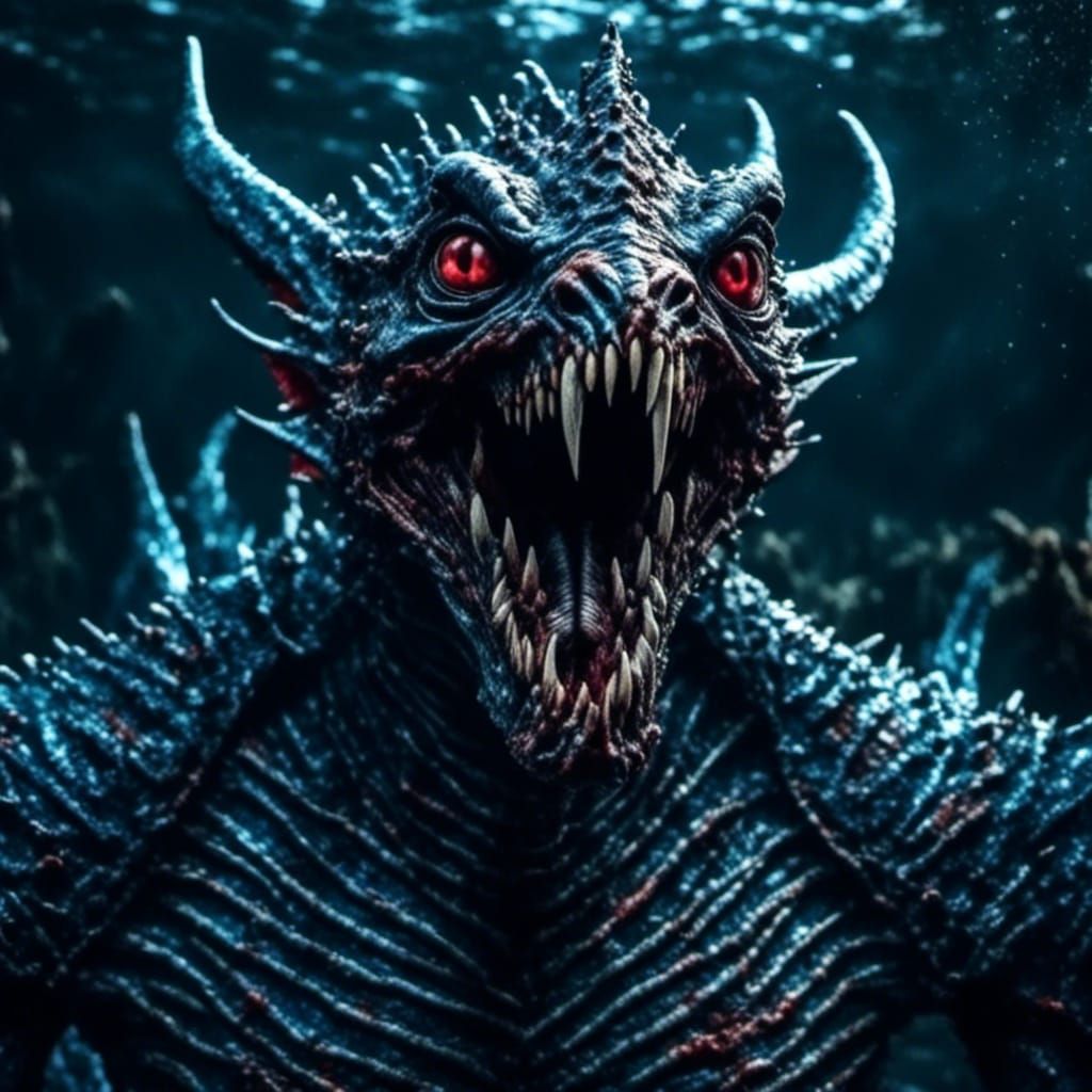 Scary Blue Merman Monster in Dark Fantasy Style