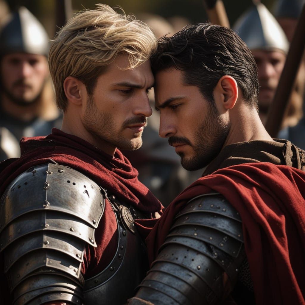 Medieval Heroes in Desperate Embrace Amidst Ruins