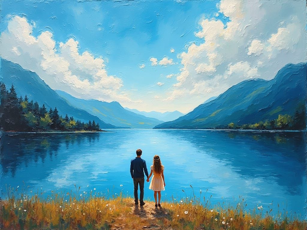 Couple Holding Hands by Mirror Lake in Neo-Impressionist Sty...