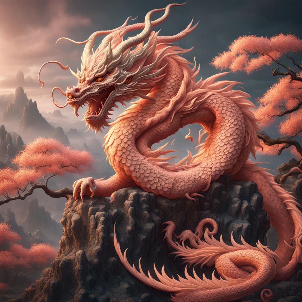 Peach Japanese Dragon: Detailed Matte Painting