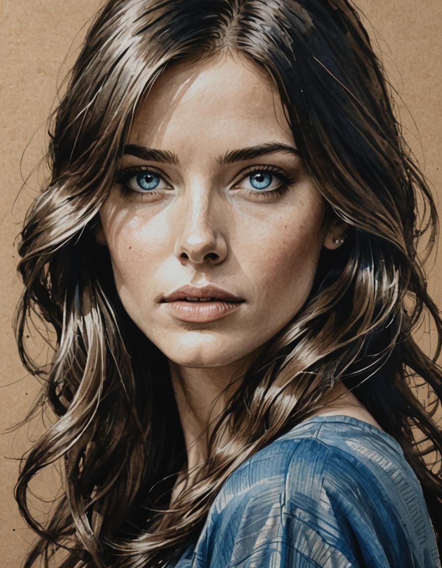 Monochrome Sketch of Brunette Woman with Blue Eyes