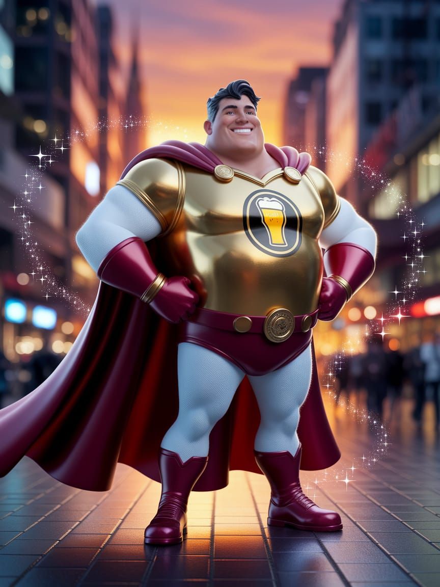 Joyful Superhero with Beer Cape in Sunset Cityscape