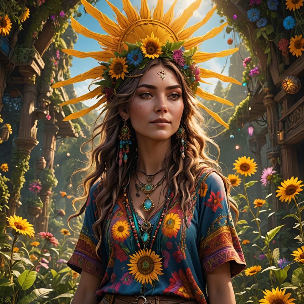 Hippie Girl in Sunshine: Detailed Fantasy Art