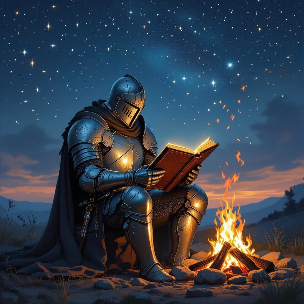 Knight Reading by Campfire Under Starry Sky
