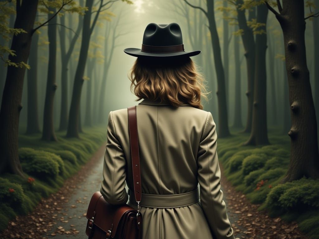 Woman in Fedora Enters Mysterious Woods with Log Companion