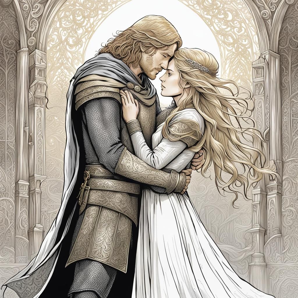 Faramir and Eowyn Embrace: Pen and Ink Illustration