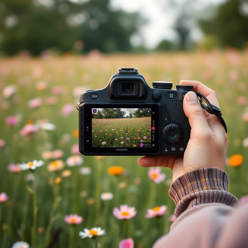 Flower Field Captured Through Camera Lens