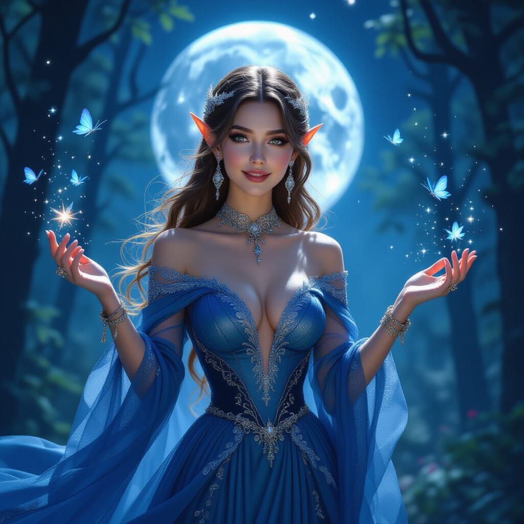 Moonlit Elf Queen in Enchanted Forest