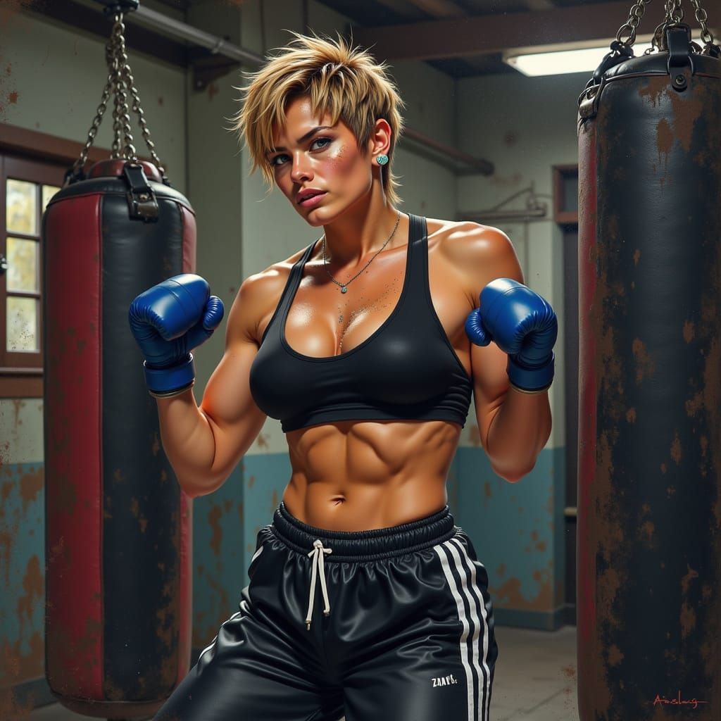 Muscular Female Boxer Training in Pulp Comic Style