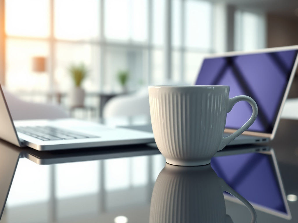 White Coffee Cup and Laptop: Hyperrealistic Office Scene