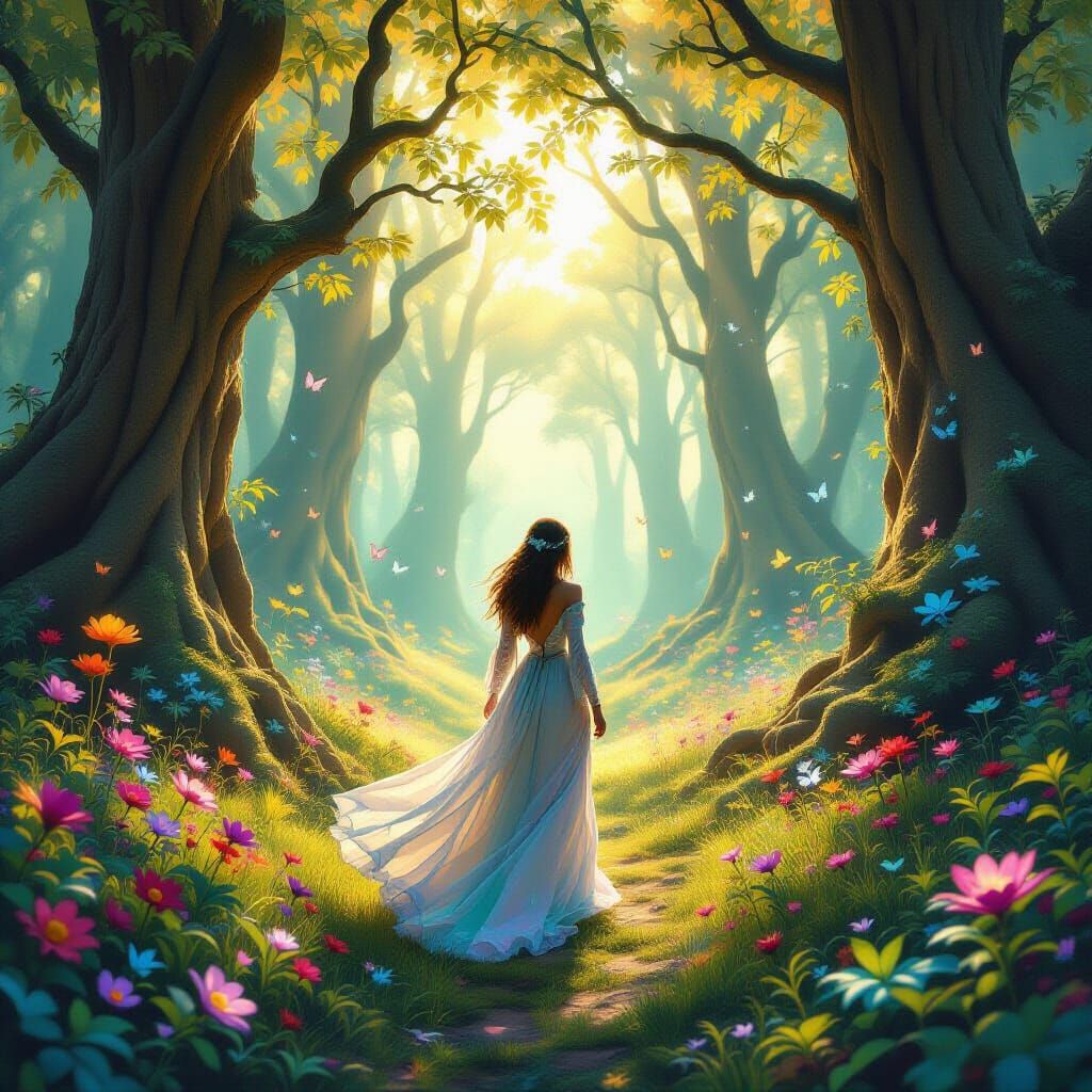 Mystical Woman in Enchanted Forest: Dreamy Digital Art