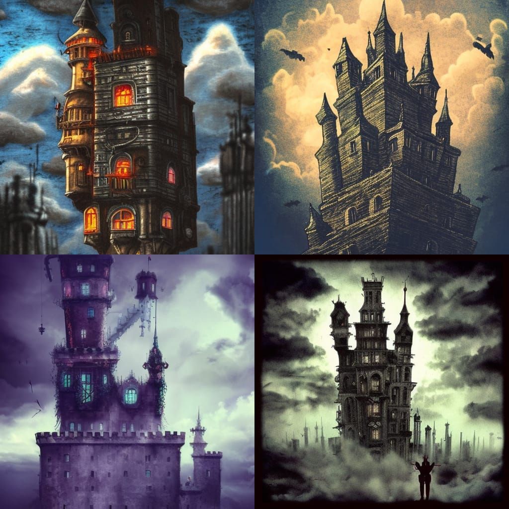 Cyberpunk Sky Castle: A Hyperrealistic Haunted Mansion