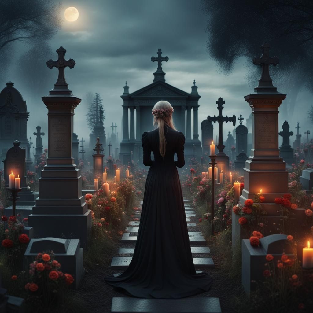 A beautiful cemetery, there are flowers on the graves, candlesticks are burning, a mourning woman is standing at the gra...