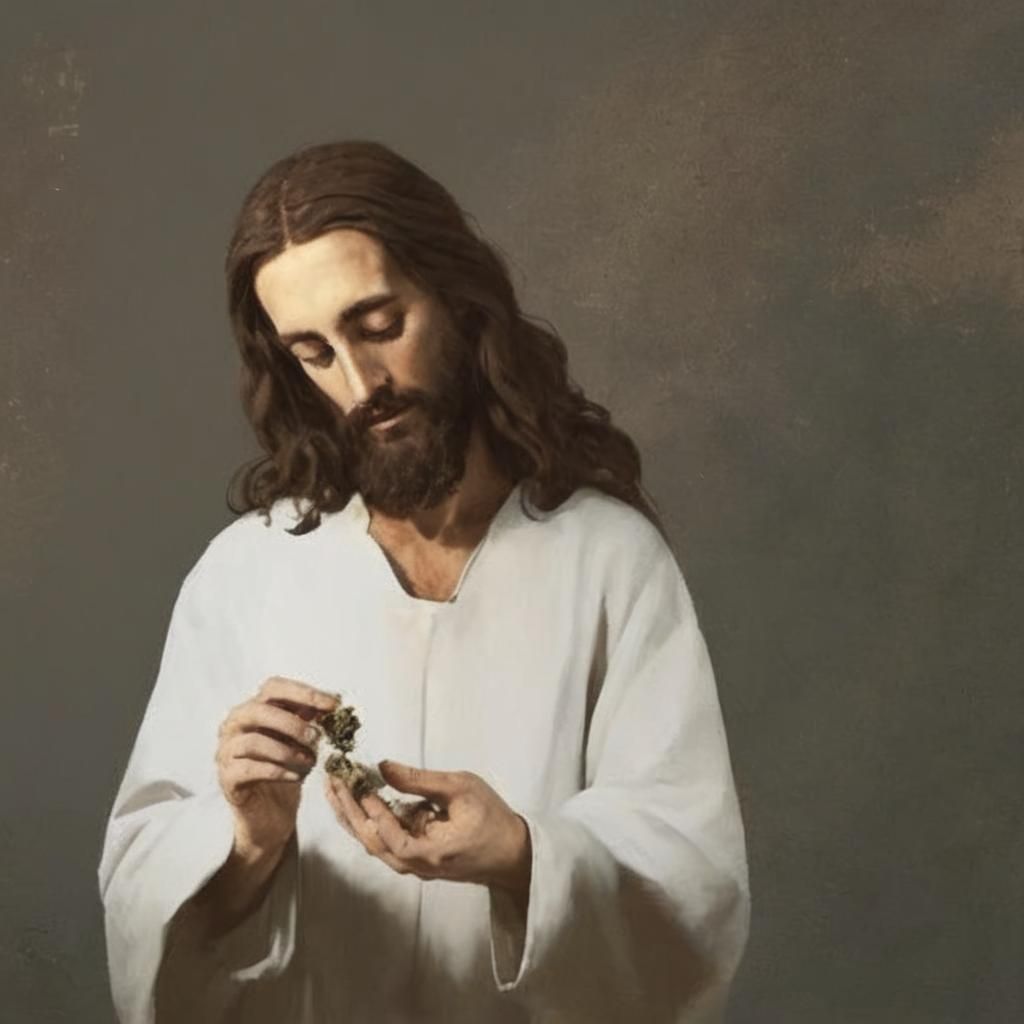 Jesus Christ Rolling a Joint: Minimalist Concept Art