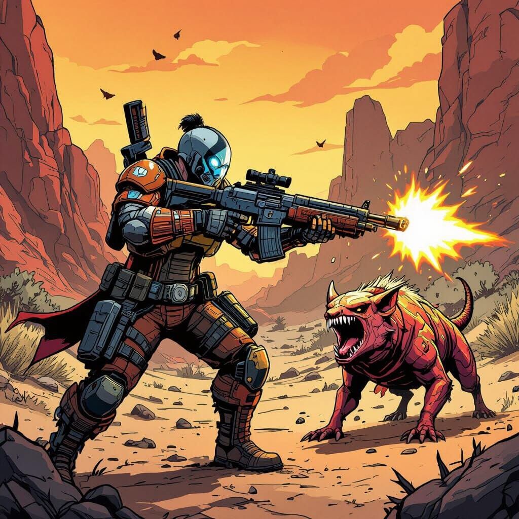 Borderlands Vault Hunter Shoots Skag in Skag Gully