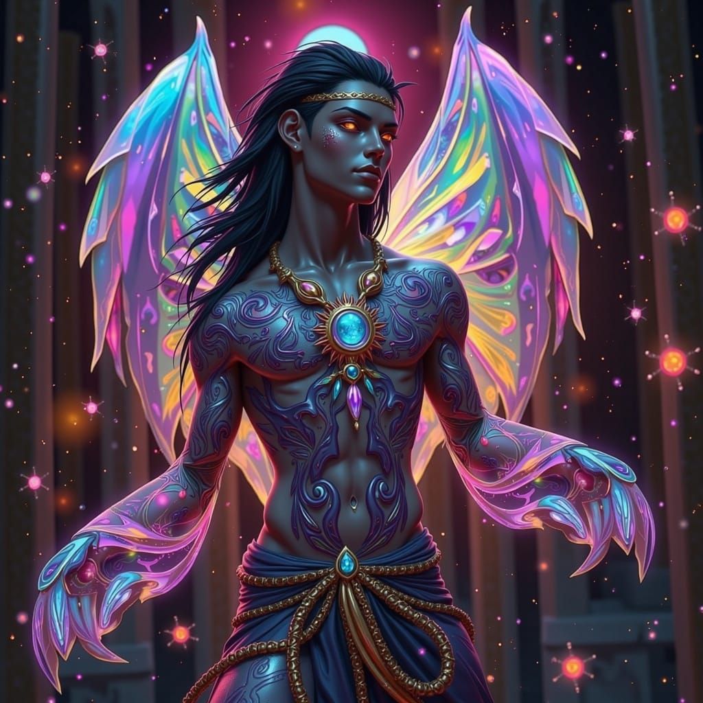 Ethereal Desert Tribesman with Vibrant Metallic Clothing and...