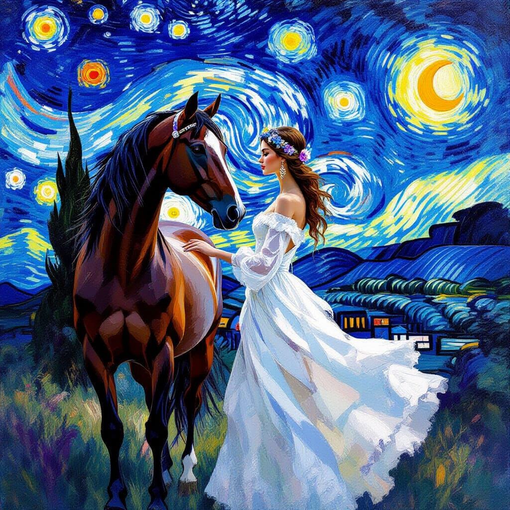 Woman and Horse Under Starry Sky in Impressionist Style