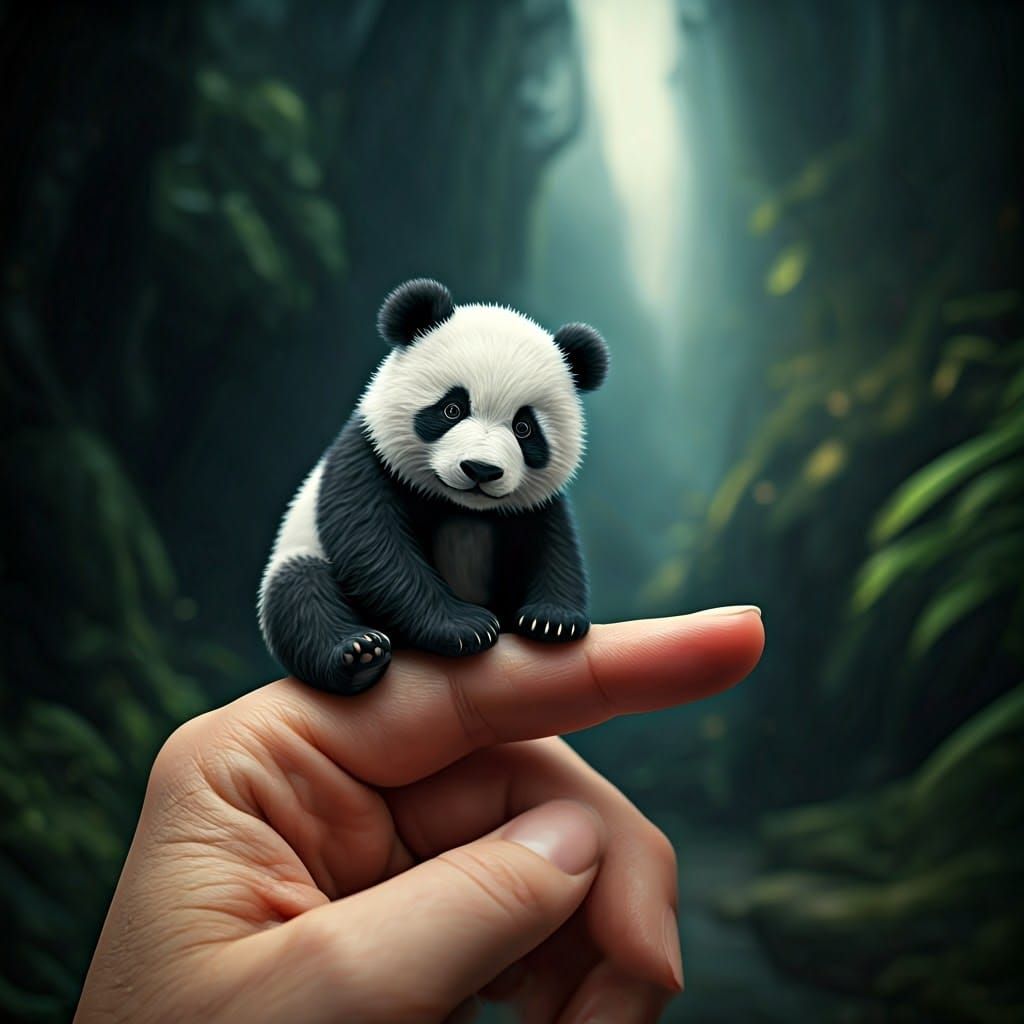 Miniature Panda on Finger in Fantasy Art Style