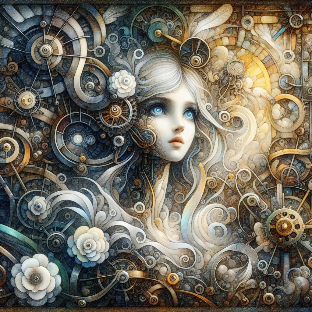Mechanical Surrealism: Beautiful Girl in Fantasy Landscape