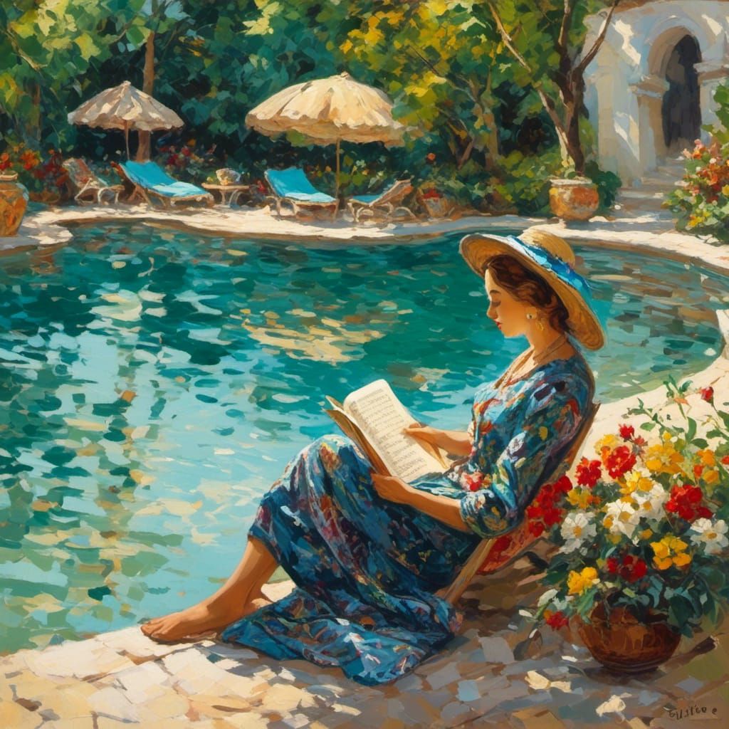 Woman Reading by Pool in Palekh Style